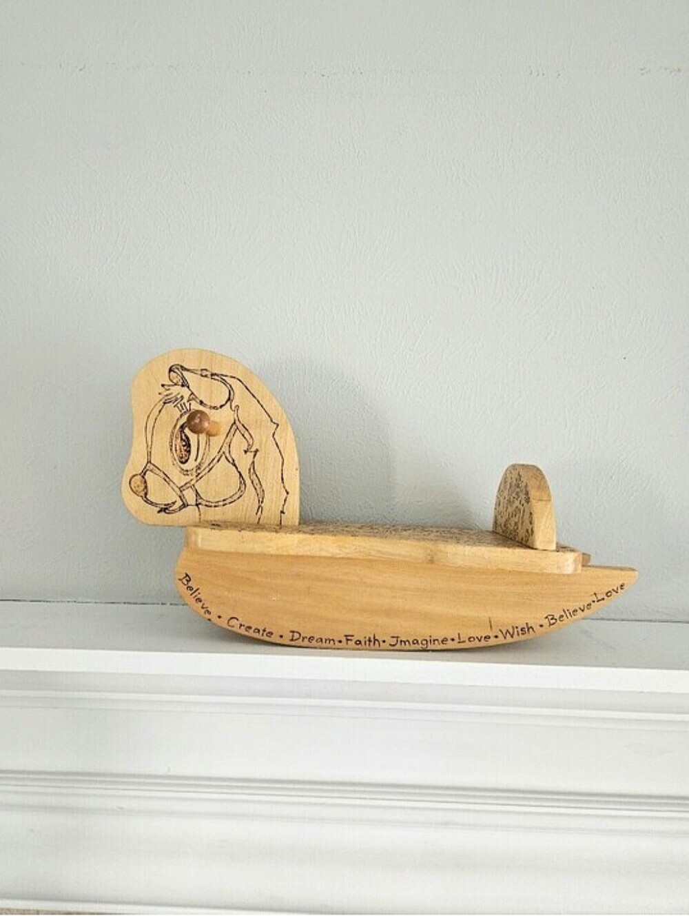 Vintage Spotty Wooden Rocking Horse With Floral Pyrography Design